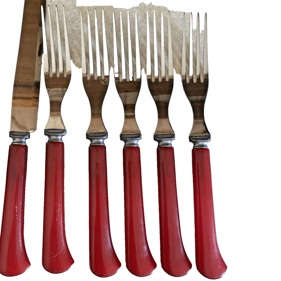 Vintage RED Bakelite Handle Silverware 11 Utensils Knives & Forks Flatware - Picture 10 of 13